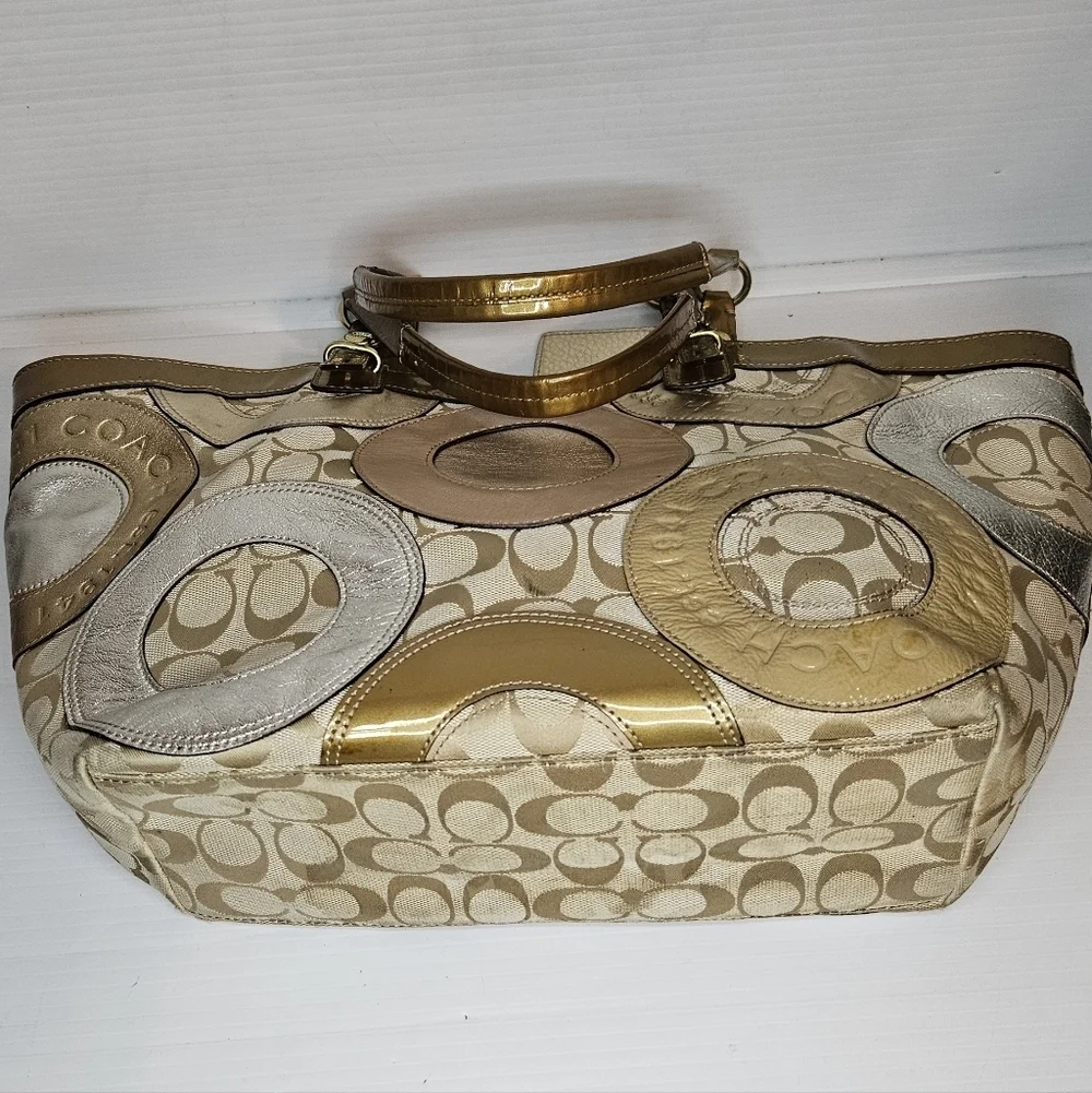 Coach Carly F16180 Vintage Tote – Y2K Metallic Patchwork Logo Canvas Purse, Gold